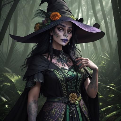Witch in Mystical Forest: Dia de los Muertos Art