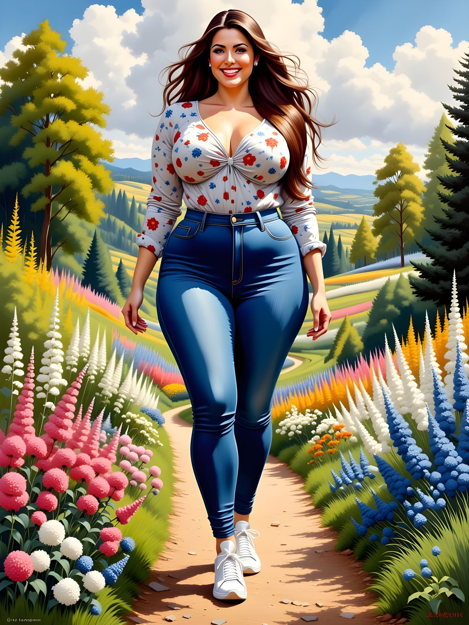 Beautiful Brunette Strolls Through English Landscape