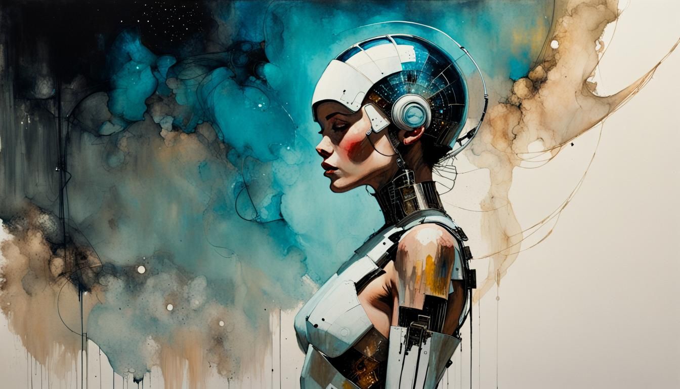 Futuristic Cyborg in Cosmic Alcohol Ink Style