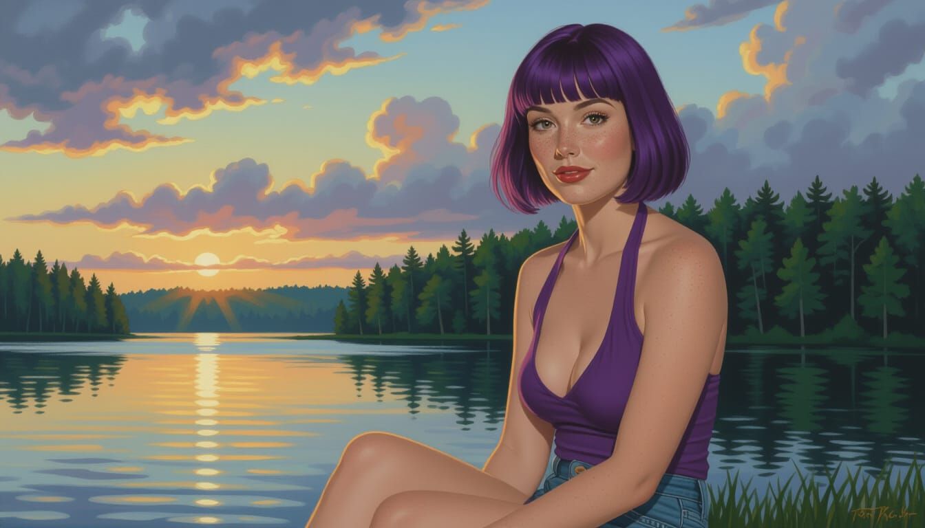 Romantic Realism Portrait of Woman by Lake at Twilight
