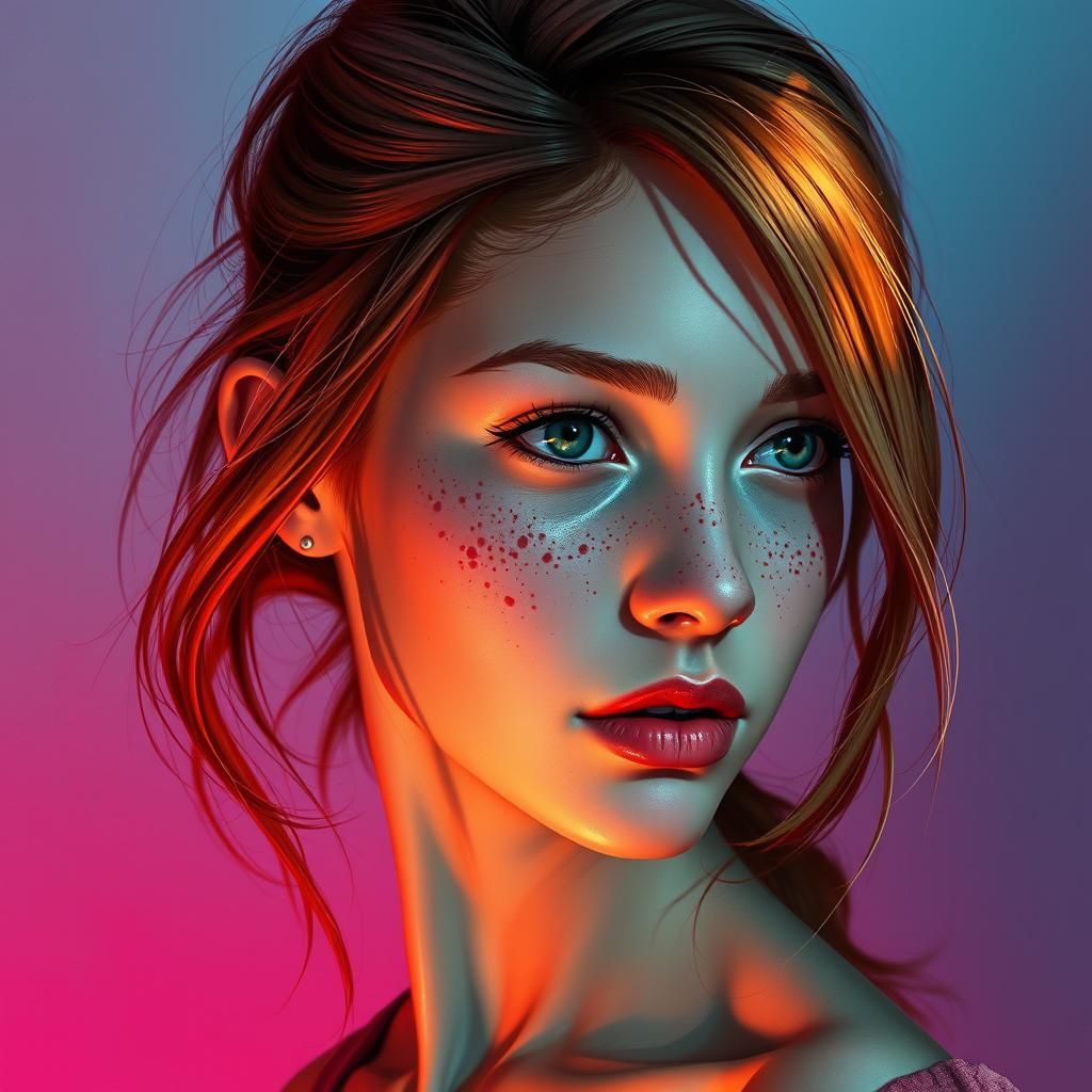 A Photorealistic picture of a redhead teenage girl with frec...