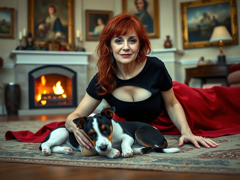 Elegant Woman Surrounded by Vintage Art and Furry Friend