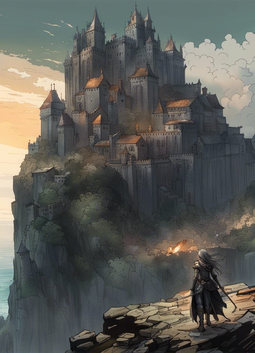 Cliffside Citadel with Armored Warlord, Anime Graphic Novel