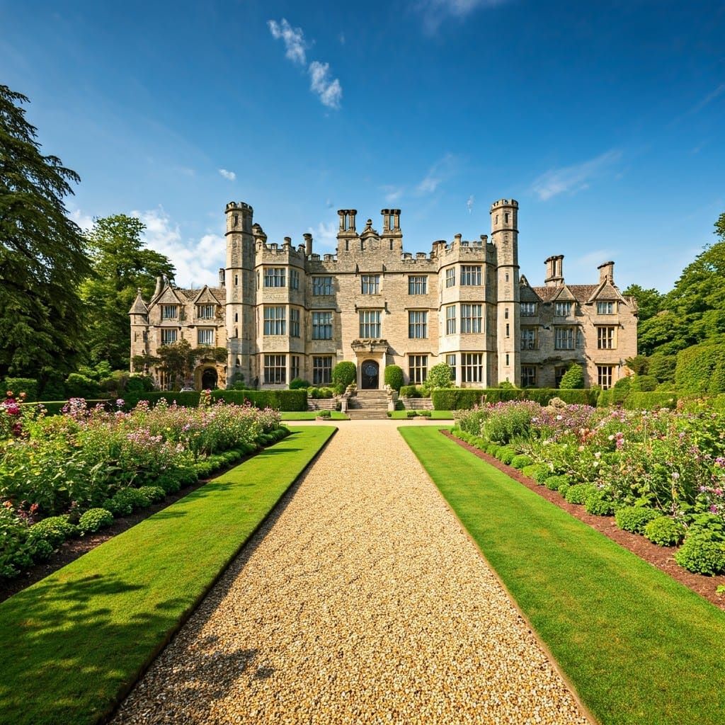 Elegant Medieval Manor House in Serene Garden