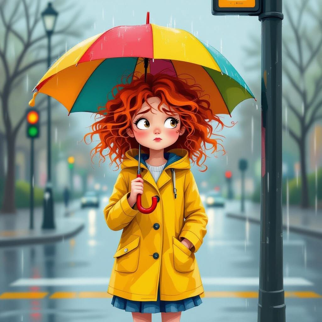 Frustrated Redhead in Rain, Whimsical Illustration Style