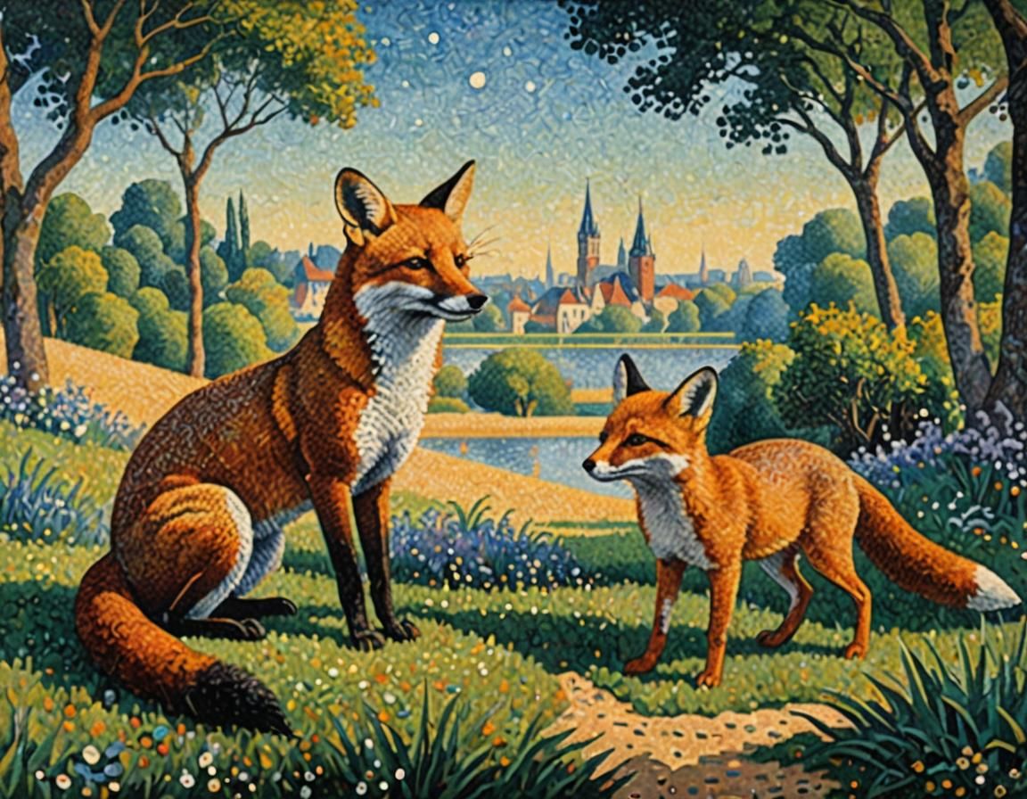 Mouse and Fox in Pointillism Style