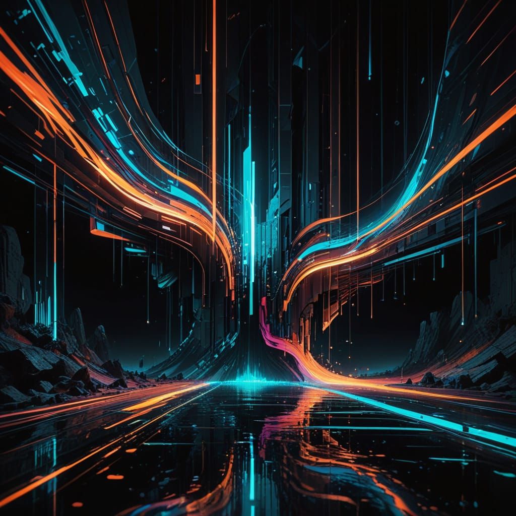 Futuristic Digital Cathedral of Glowing Pixel Streams