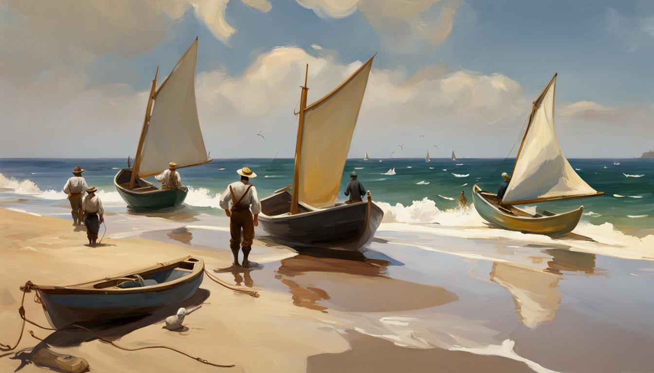 Coastal Scene with Boats, Spanish Impressionist Style