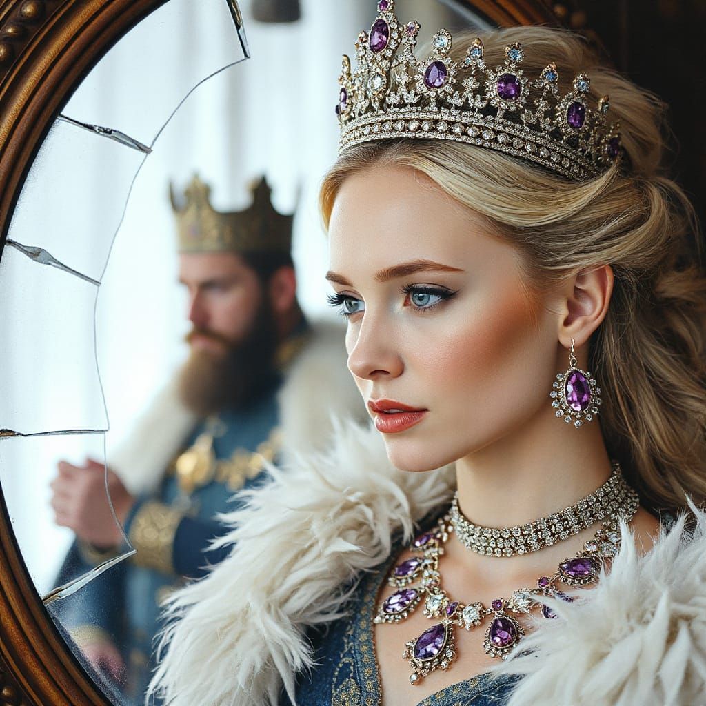 Scandinavian Queen with Diamond Tiara Reflected in Broken Mi...