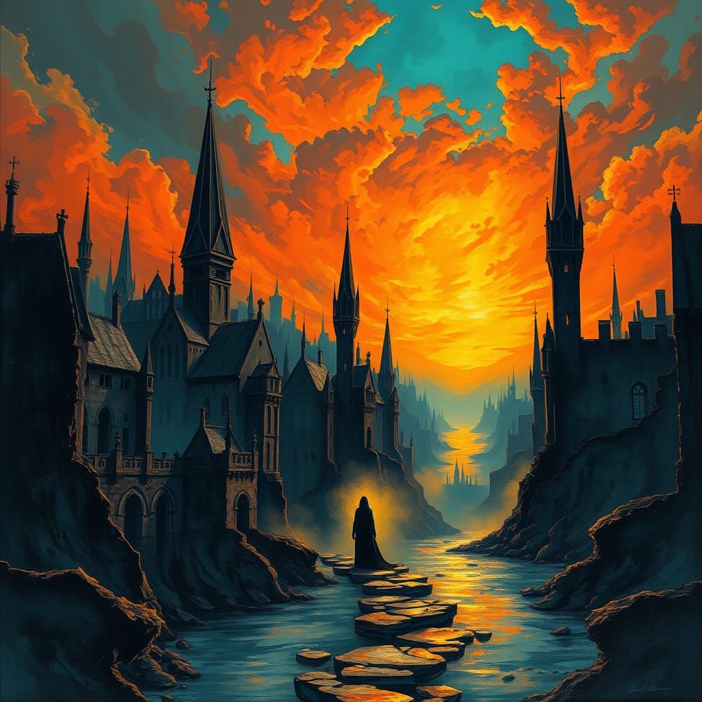 Ethereal Cityscape in Oil Drawing Style, 21 Grams of Soul