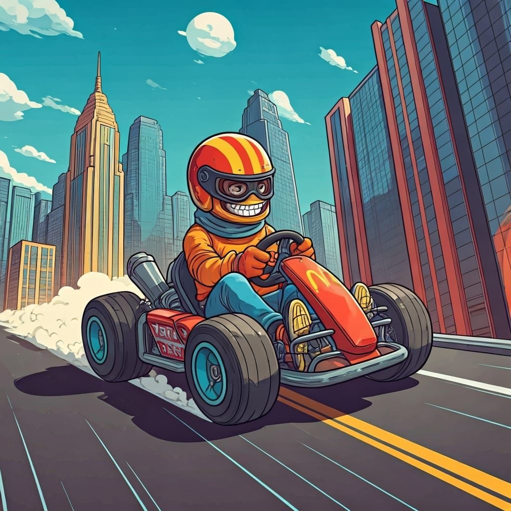 Hamburglar Races Go-Kart Down City Street