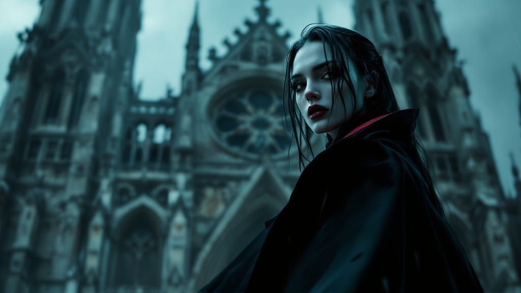 Vampire Woman in front of Cathedral on Rainy Night