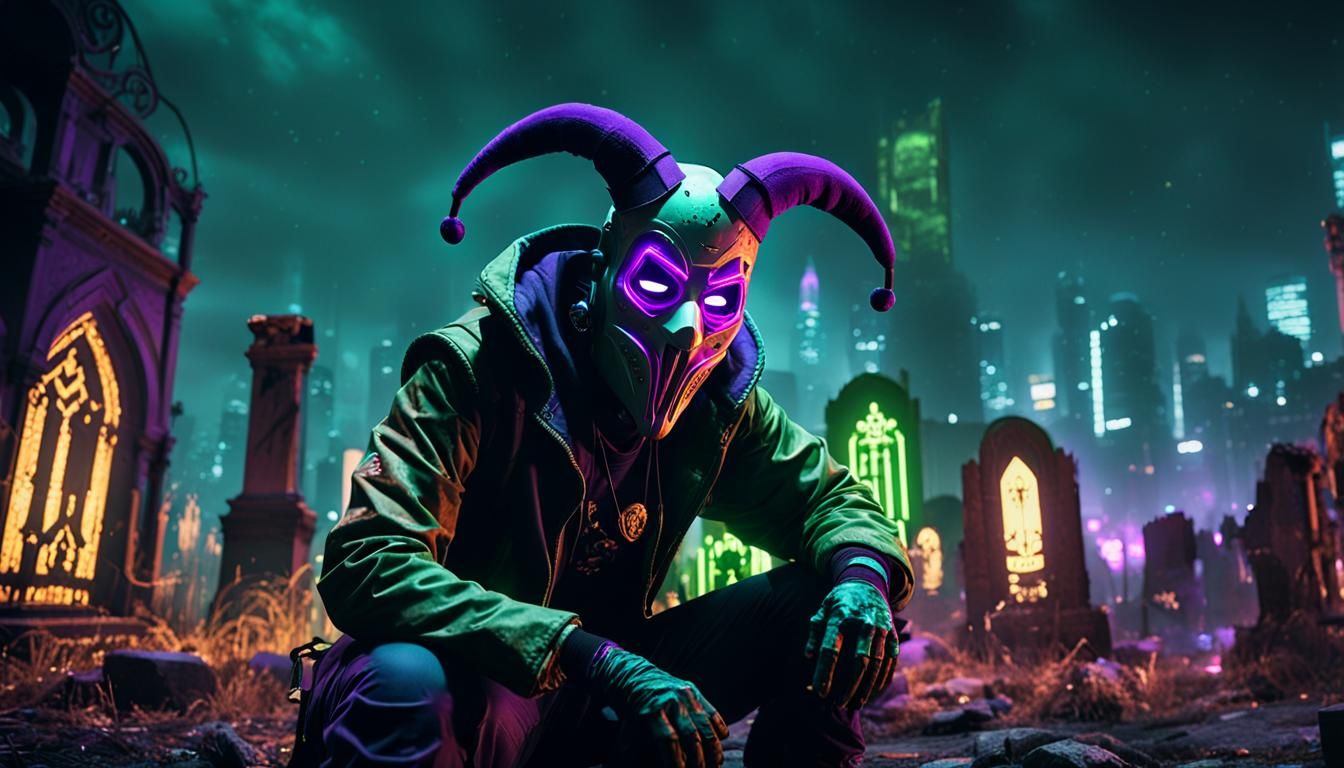 Gritty Cyberpunk Anti-Hero in Cemetery at Night