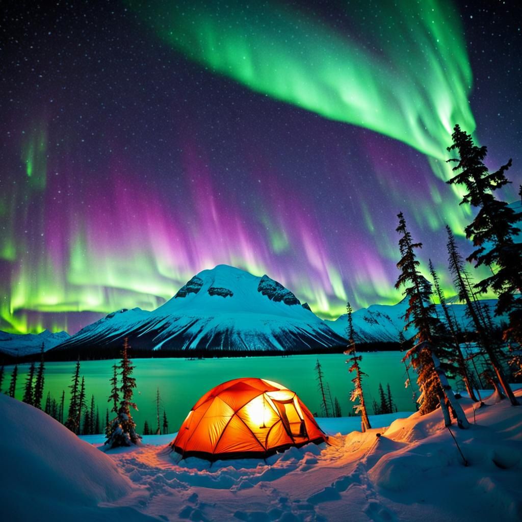 Perfect camping setup iglu in Alaska with the northern light...