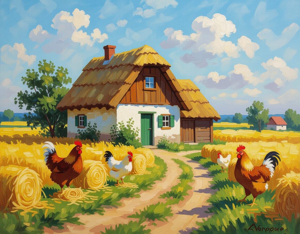 Spaghetti Meatball Chickens in Surreal Farm Landscape