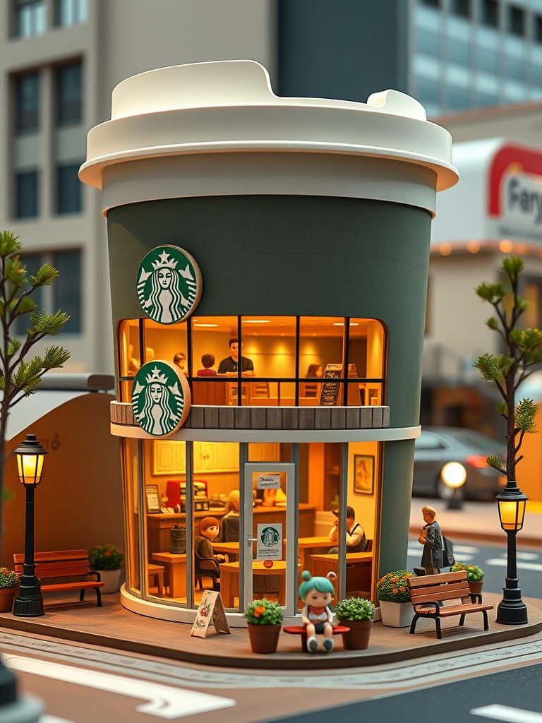 Miniature Starbucks in a Giant Coffee Cup, 3D Style