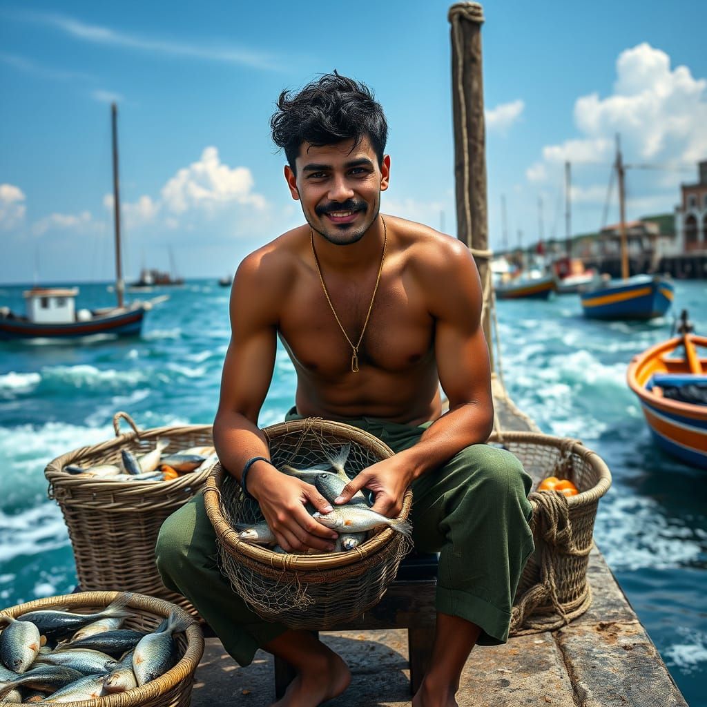 Sicilian Fisherman with Net in Hyperrealistic Style