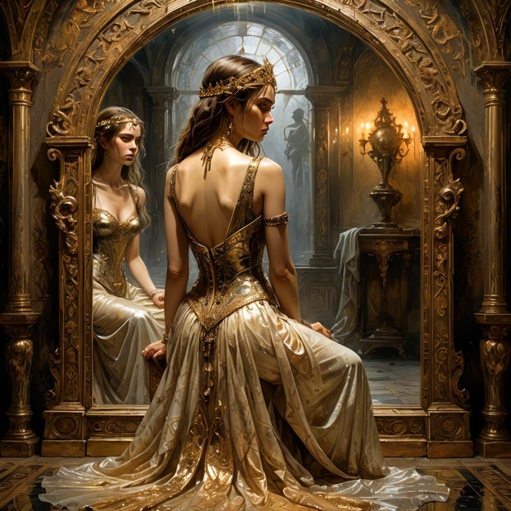 Princess and Malevolent Reflection in Gothic Art Style