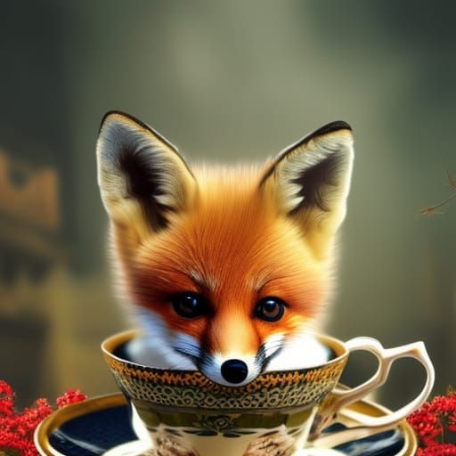 Cute Baby Fox in Teacup: Digital Matte Painting