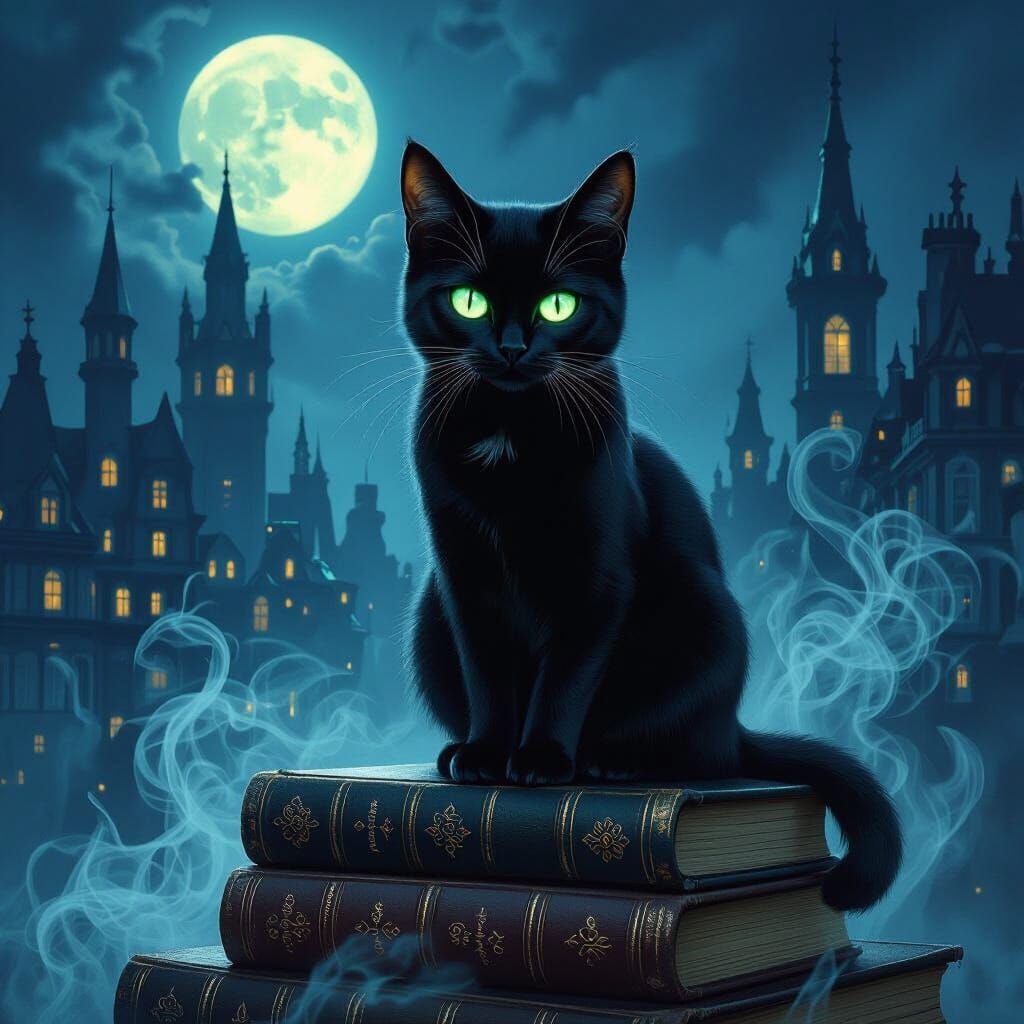 Black Cat on Books in Ethereal Smoke
