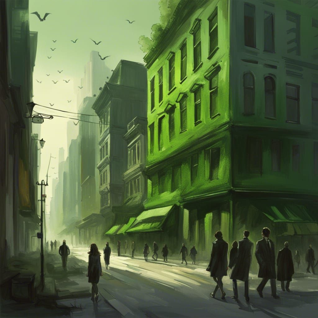 Futuristic Green City Street Scene in Dark Style