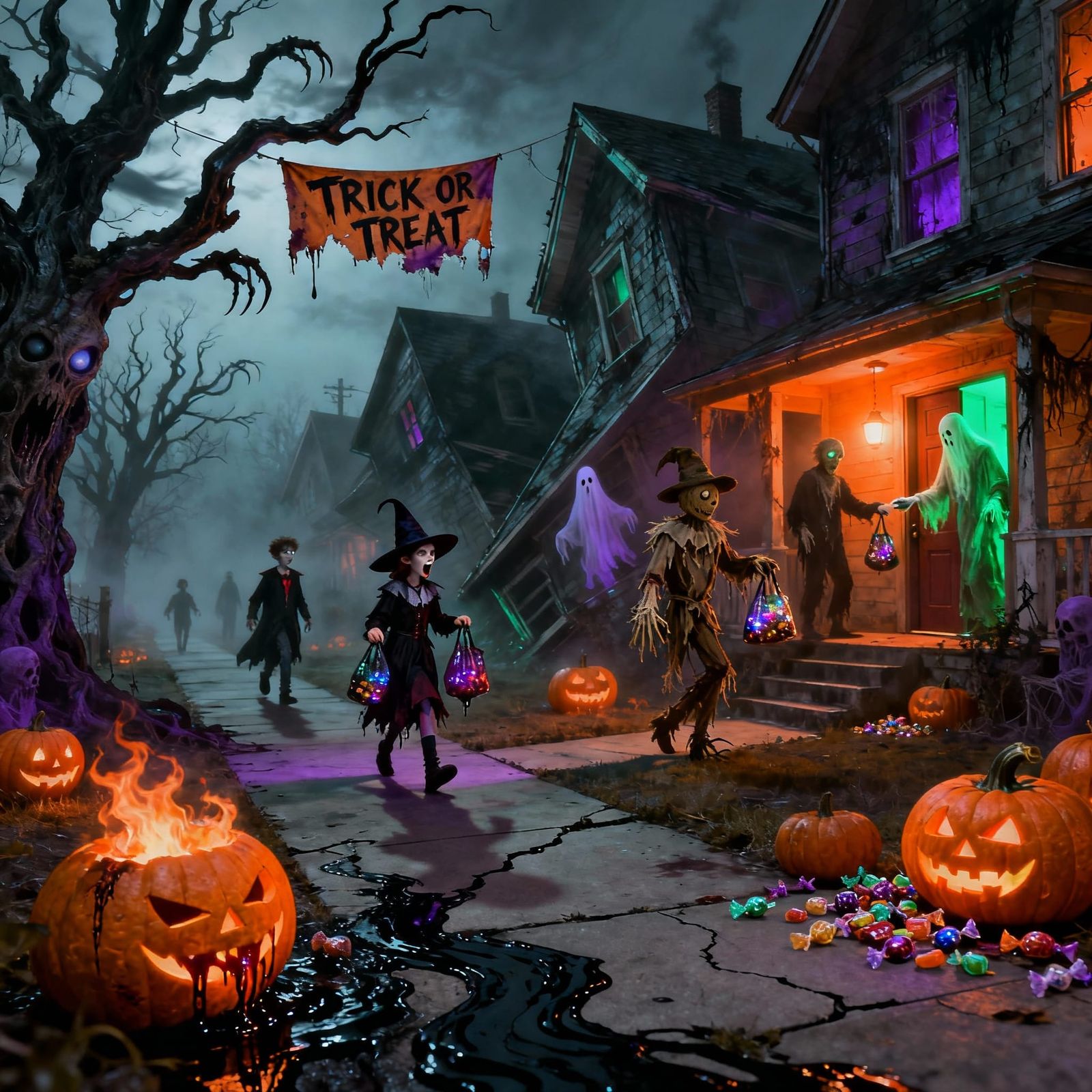 A dark, surreal twisted Trick-or-Treat scene set on a fog-ch...