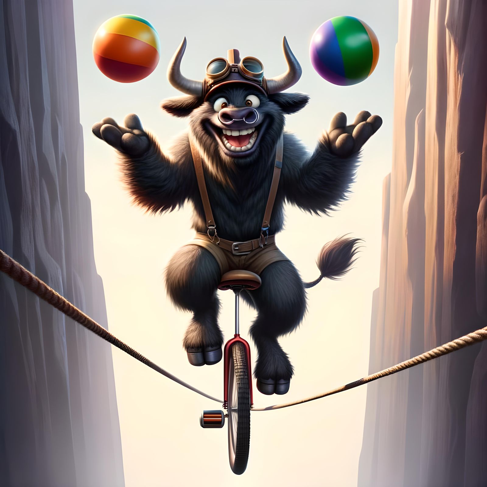 Grinning Yak on Unicycle Juggling Rainbow Balls