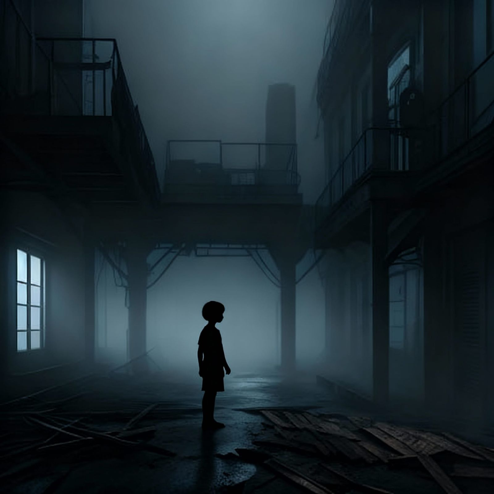 A picture of a shadowy child figure in a foggy building.