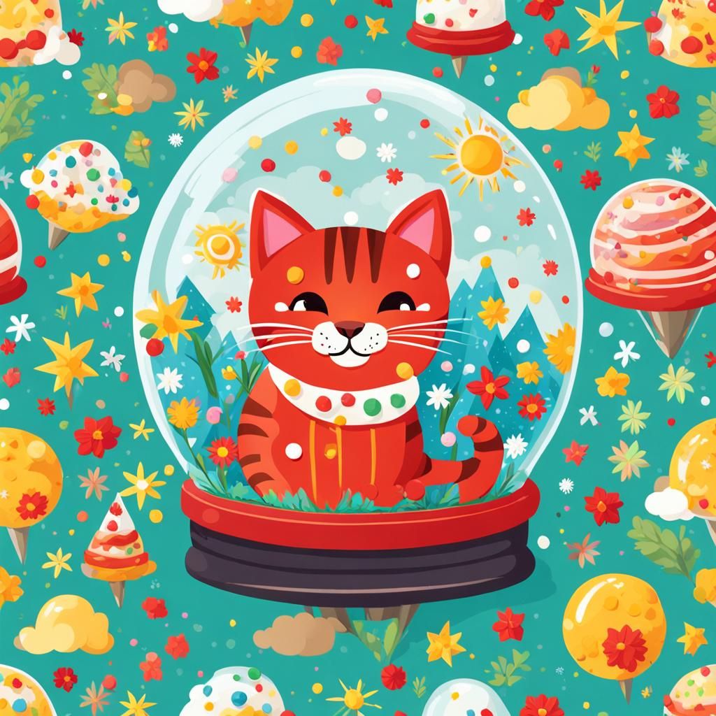 Red Cat in Confetti Snow Globe Landscape