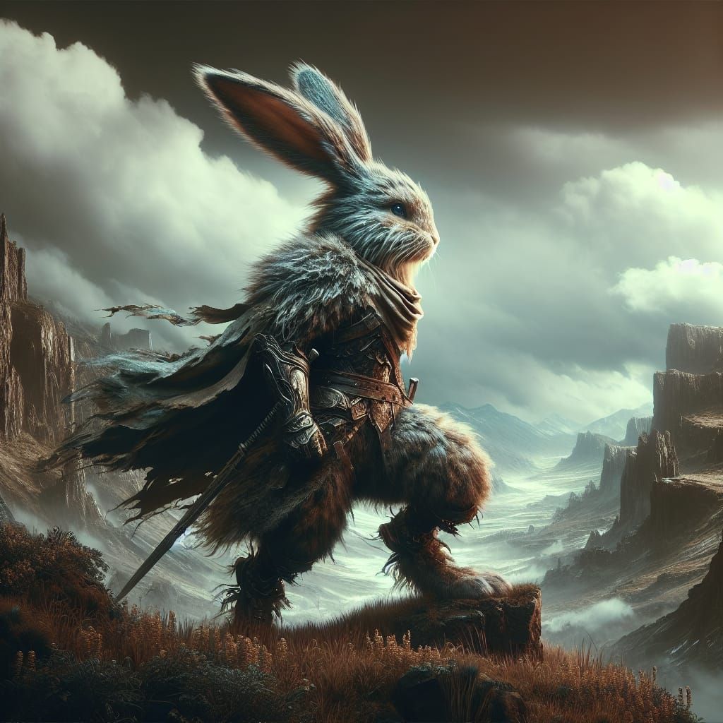 Bunny Warrior Gazes Over Battlefield in Digital Art