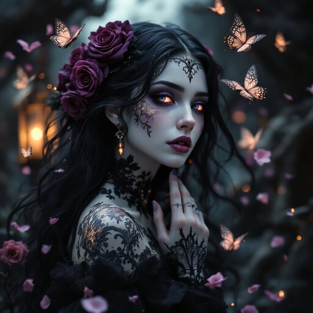 Gothic Enchantress in Baroque Lighting with Sugar Skull Fili...