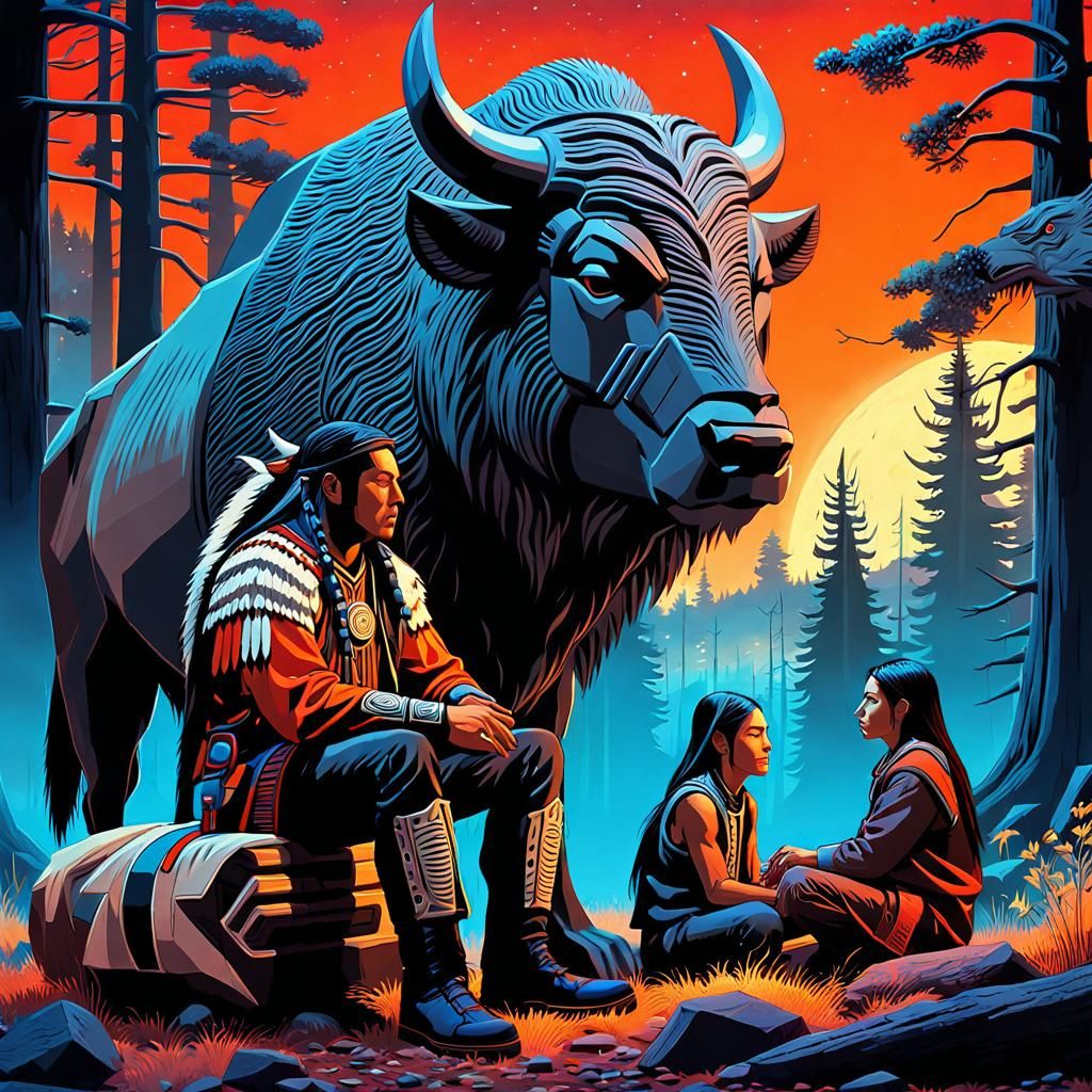 Native American, Bison, and Wolf in Anime Style