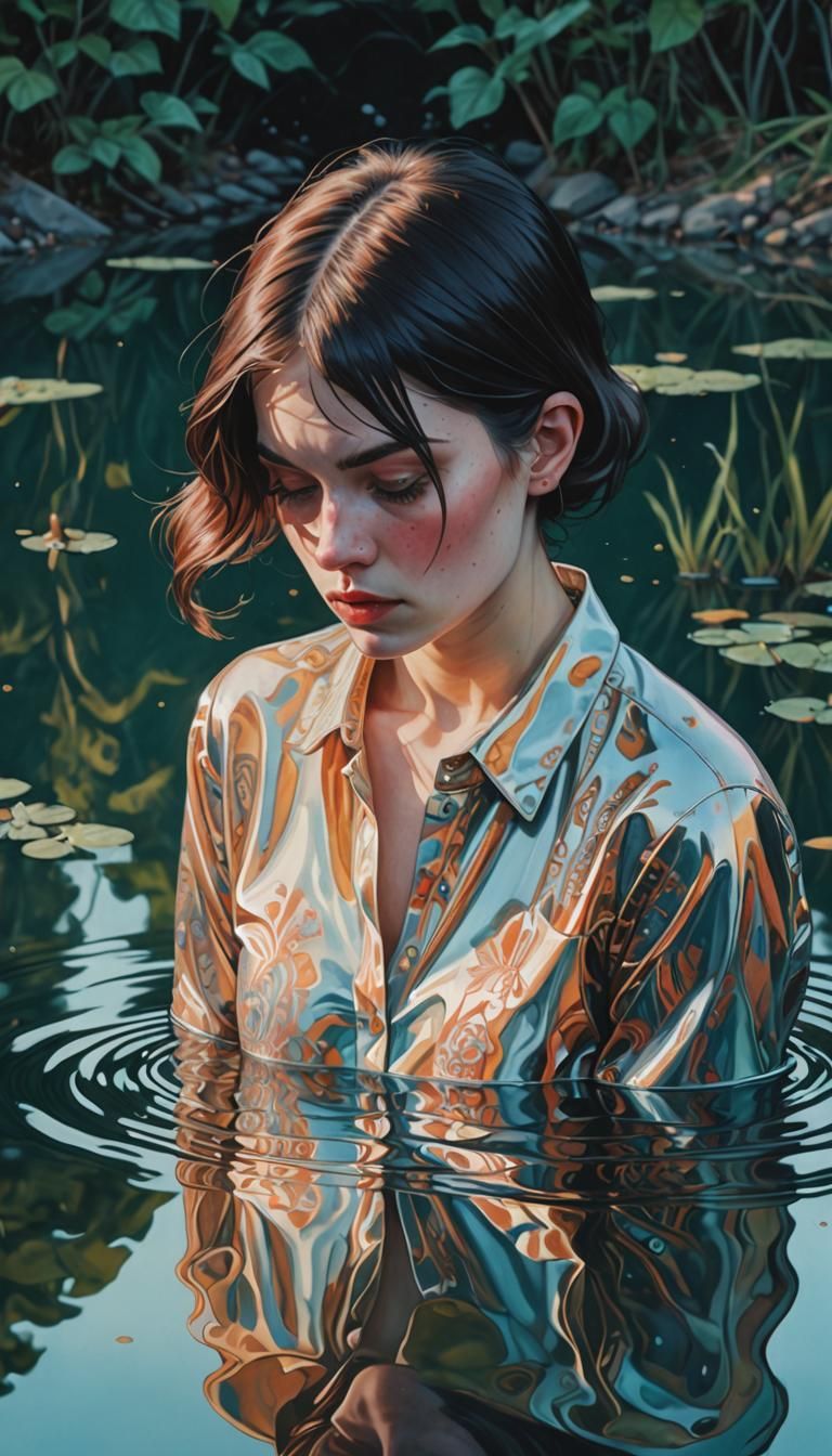 A woman looking down at her reflection in water.  Style by M...