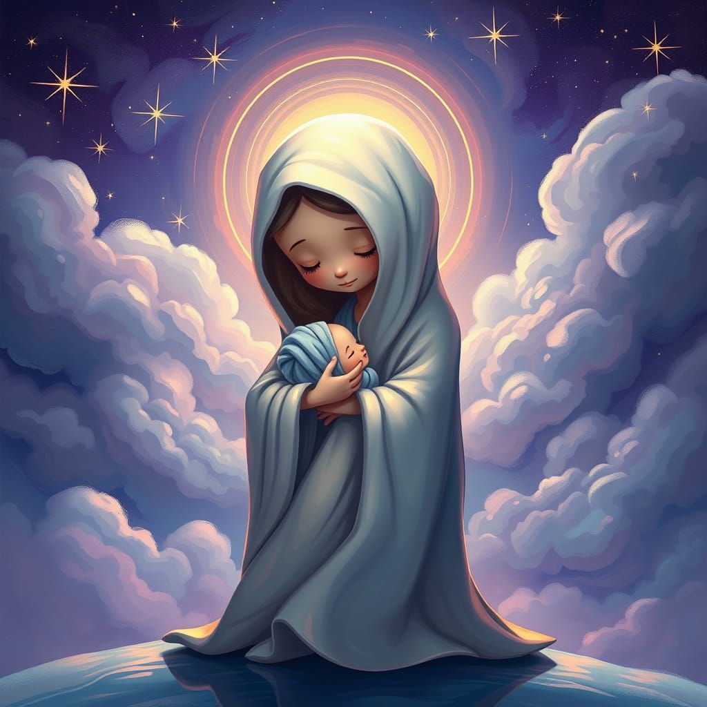 Whimsical Cartoon Figure with Infant in Dreamlike Landscape