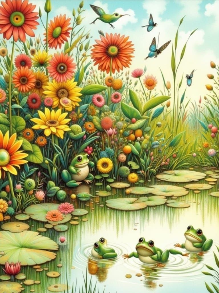 Frogs Playing in Pond, Whimsical Impressionistic Style