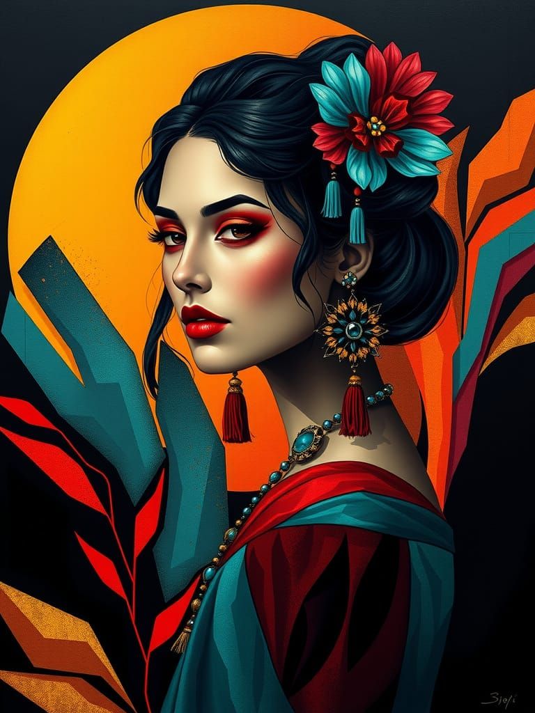 Elegant Woman in Cubist Art Deco Style