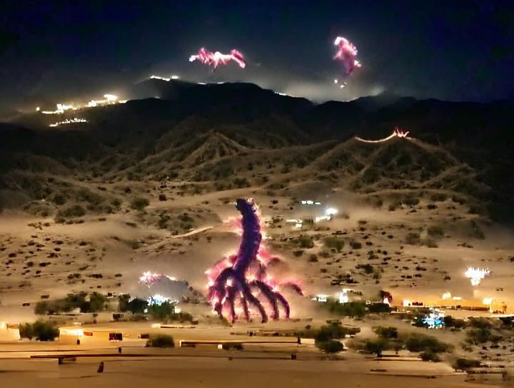 Spectacular Octopus Fireworks Display Over Desert Mountains