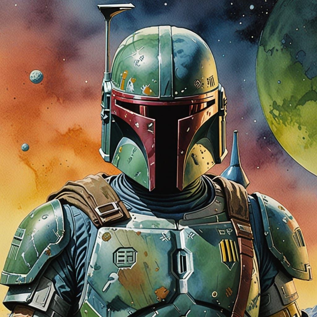 Boba Fett in Watercolor Comic Book Art Style