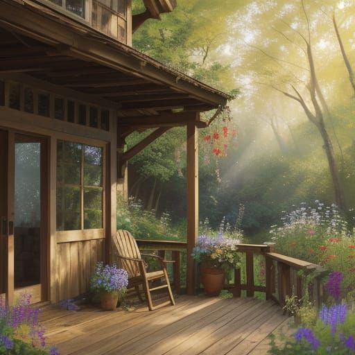 Wildflowers Bloom on Rustic Porch in Golden Hour