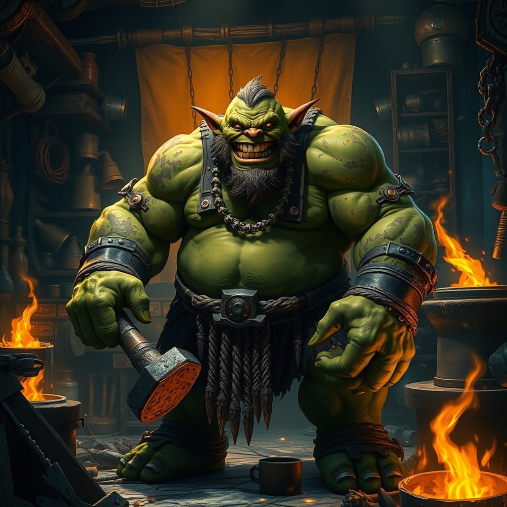 Joyful Orc Blacksmith in High-Fantasy Style