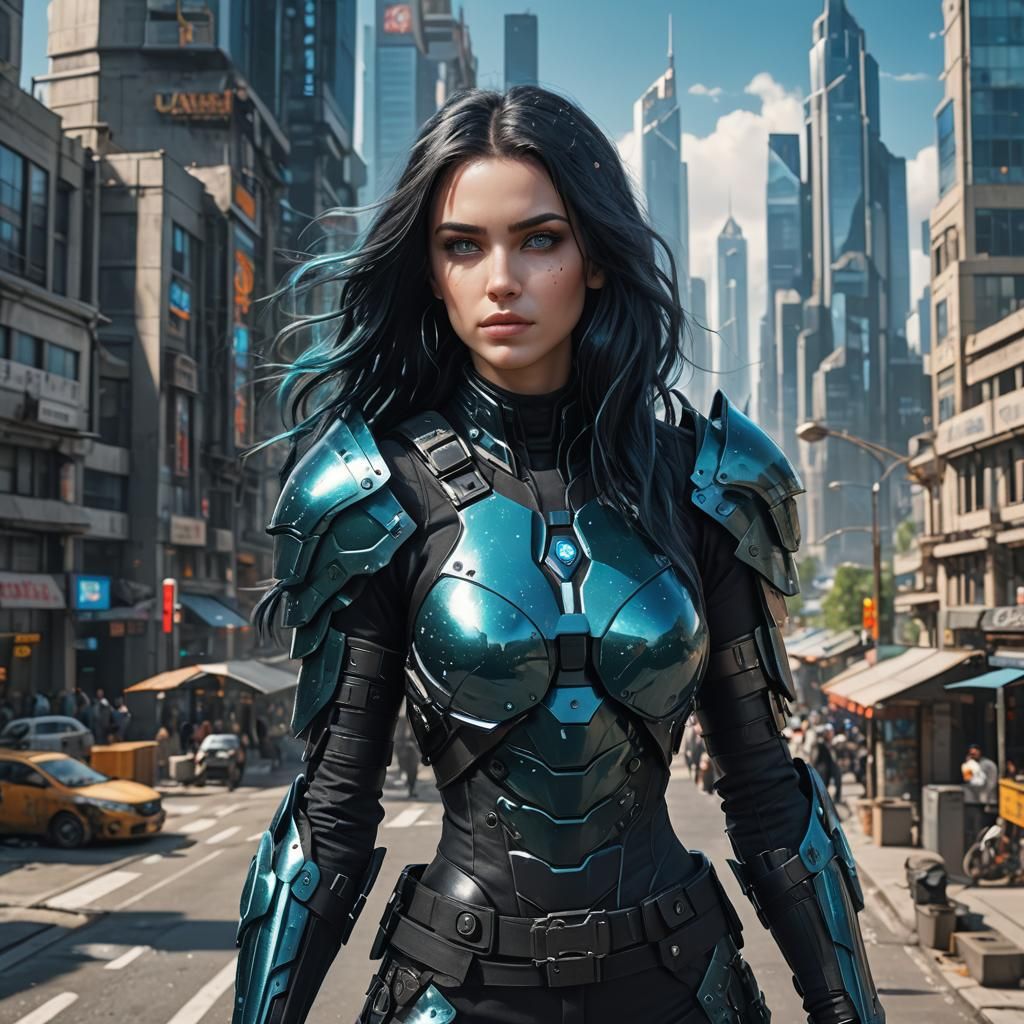 Woman in High-Tech Armor in Sci-Fi City