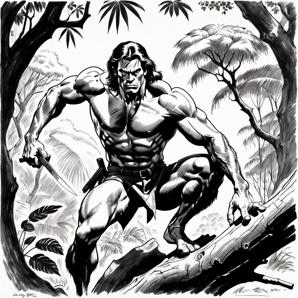 Tarzan in Jungle: Hyperdetailed Black and White Sketch