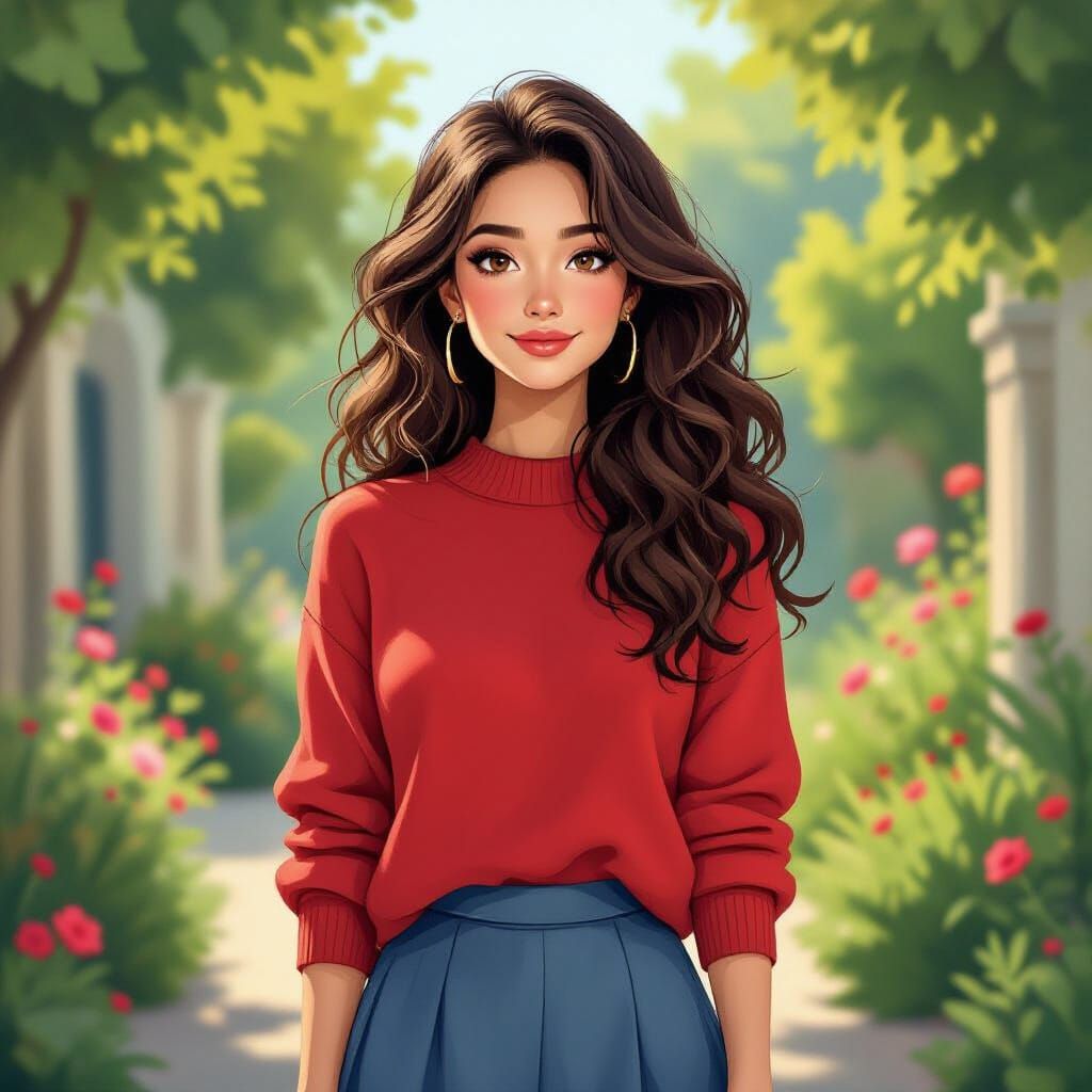 Woman in Garden with Curly Hair and Pastel Sweater