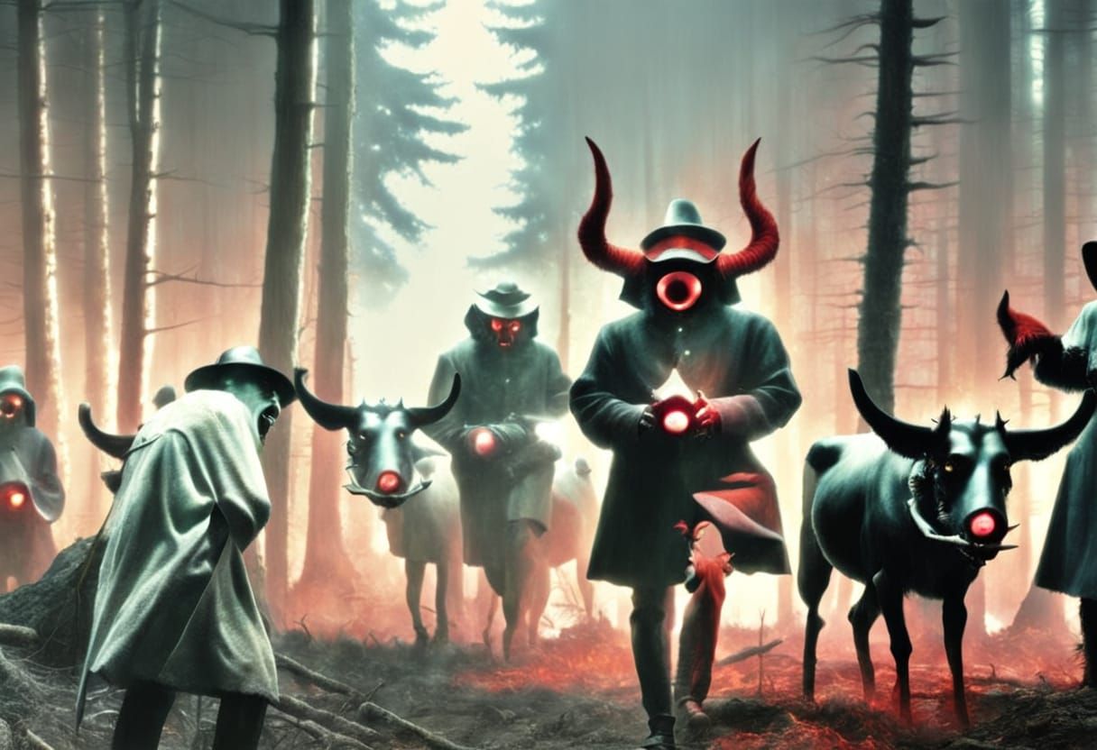 Evil Spirit Watches Happy Crowd in Dark Fantasy Concept Art