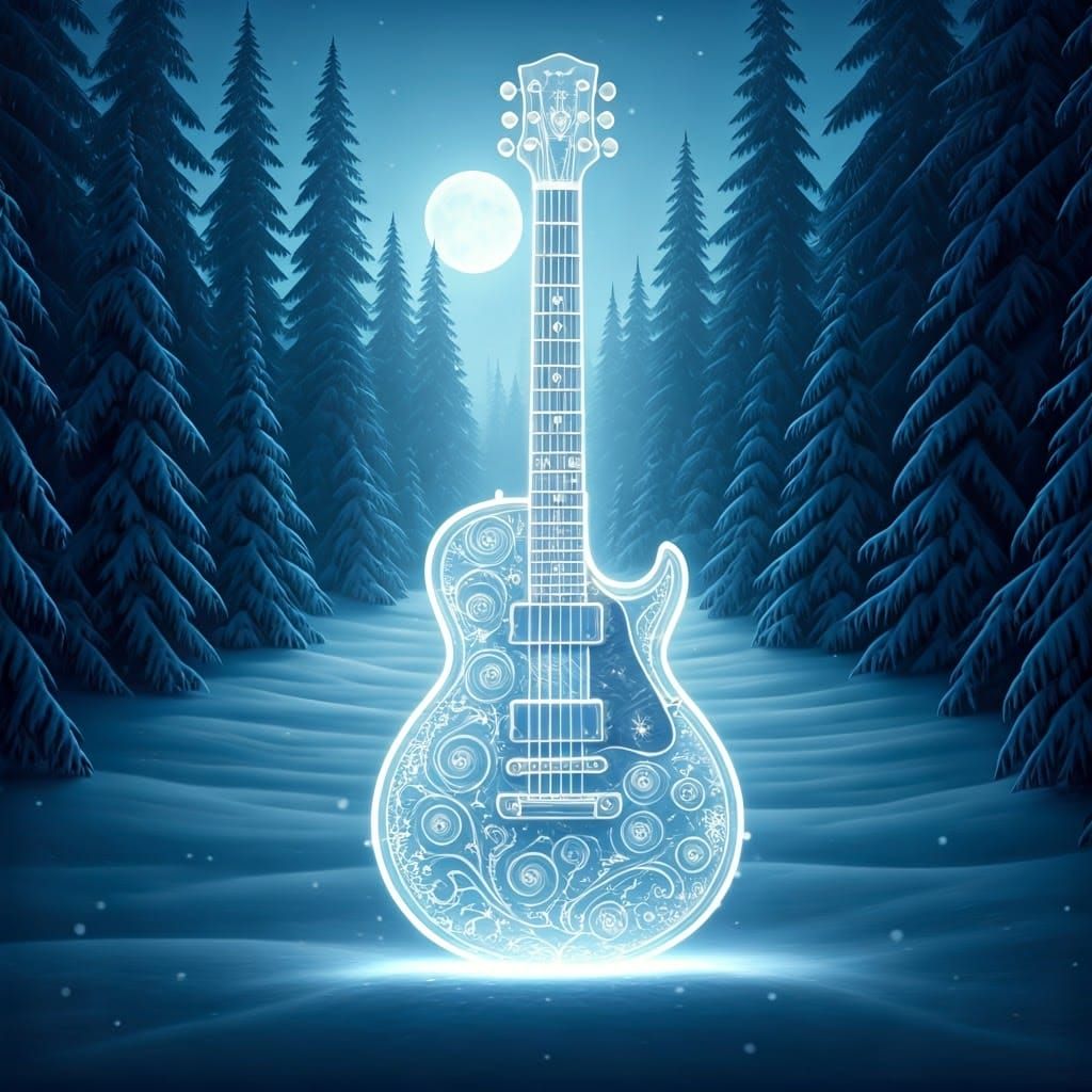 Glowing Guitar Under Silvery Moonlight in a Winter Wonderlan...