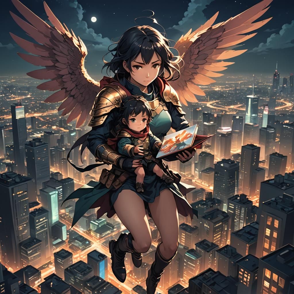 Winged Warrior Protects Child, Anime Style