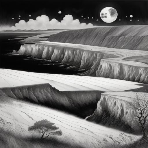 White Cliffs of Dover in Cross-Hatching Line Art