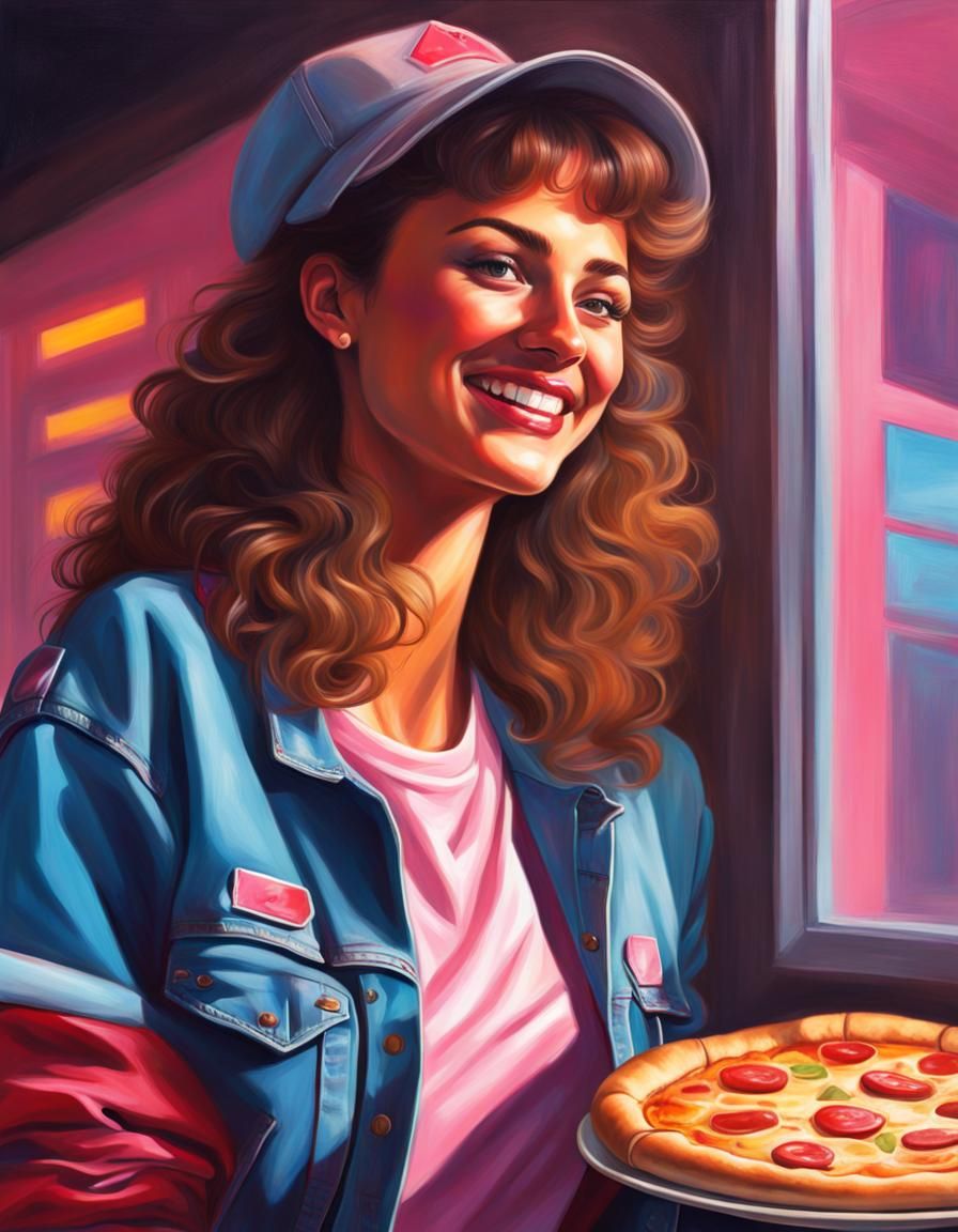 Smiling Pizza Delivery Woman in Retrowave Style