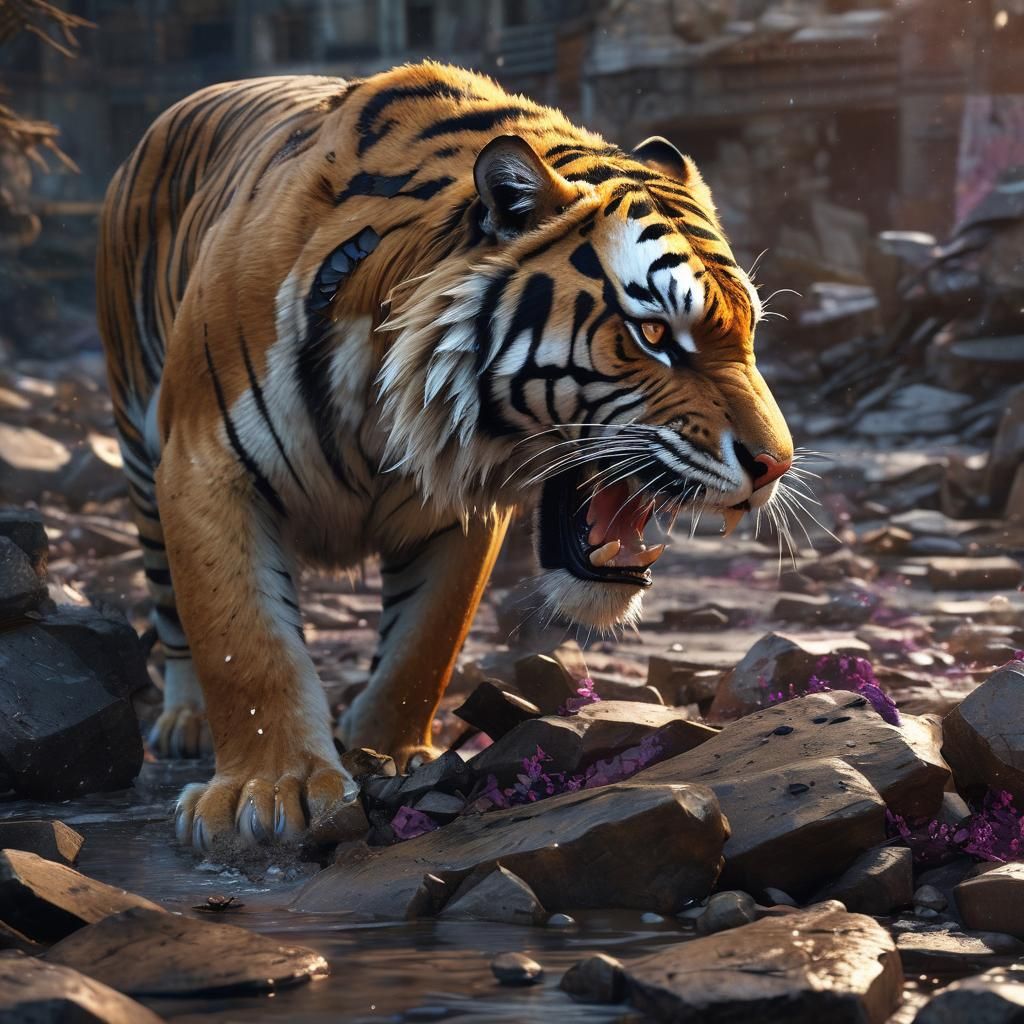 Furious Tiger in War-Torn Landscape: Hyper-Realistic Digital...