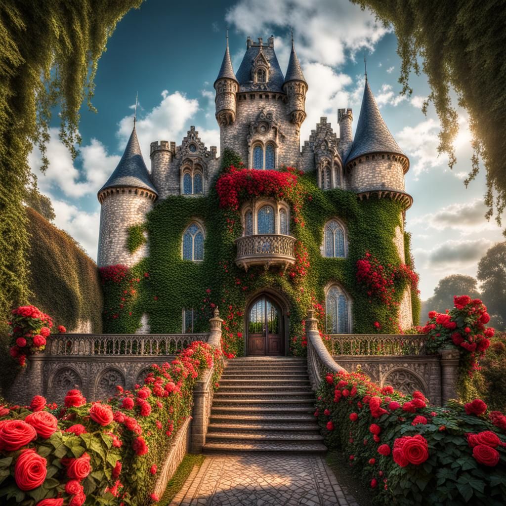Vibrant Fairy Tale Castle with Roses and Ivy